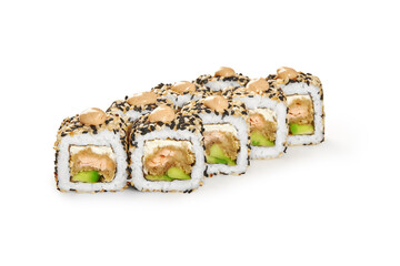Sushi rolls with deep fried salmon, avocado and cream cheese