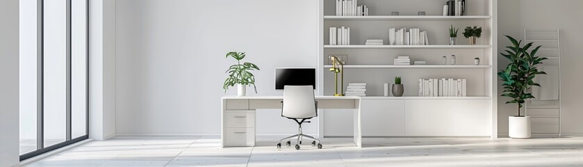 Modern, minimalist office space with white walls, sleek furniture, and natural light, creating an inspiring and productive work environment.