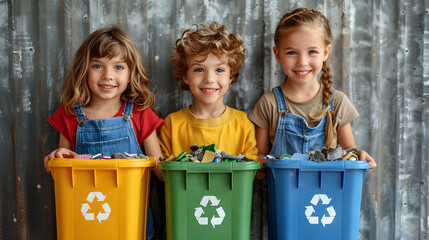 Three smiling children holding colorful recycling bins, emphasizing the importance of sustainability and environmental responsibility