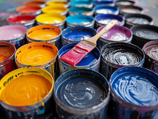 Assorted Open Cans of Colorful Printing Ink with Paintbrush