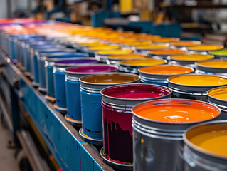 Industrial Printing Press with Colorful Ink Cans