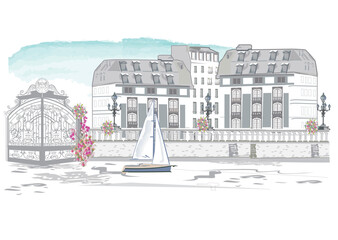 Series of street views in the old city with a view of an embankment and river with a boat. Hand drawn vector architectural background with historic buildings. 
