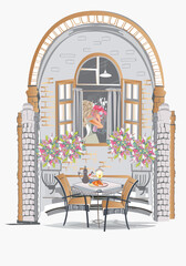 Fototapeta premium Series of backgrounds decorated with flowers, old town views and street cafes. Café window. Hand drawn vector architectural background with historic buildings. 