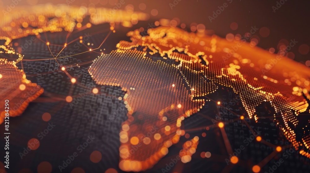 Poster abstract orange mesh lines and dots over world map