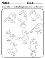 Birds Puzzle. Printable Activity Page for Kids. Educational Resources for School for Kids. Kids Activity Worksheet. Match Similar Shapes