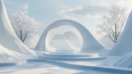 Abstract winter scene with geometrical forms, arch with a podium in natural light. surreal...