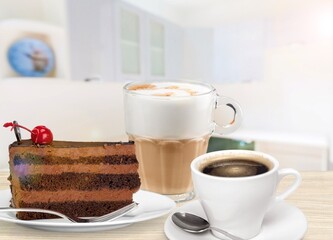 Lunch at  cafe with sweet cake, coffee cup