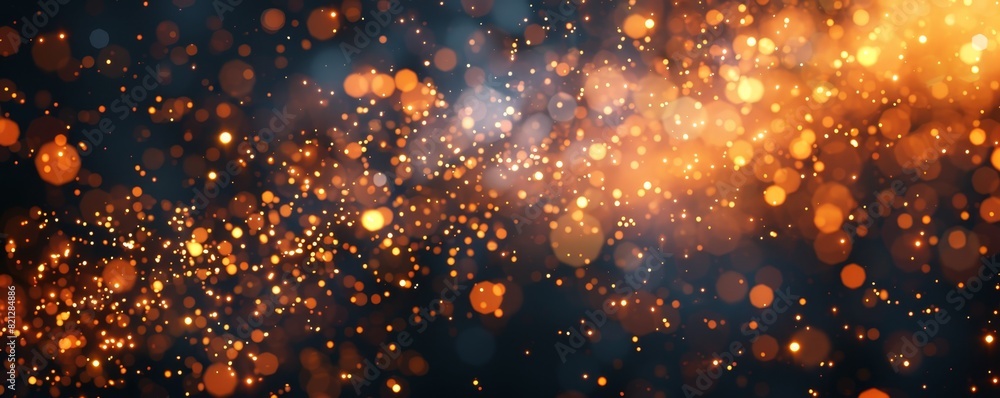 Poster vibrant abstract background with dynamic golden particles and bokeh lights against a dark backdrop, 