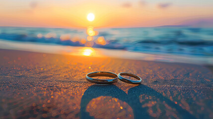 Wedding Rings on Beach at Sunset with Ocean in Background
