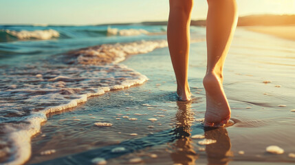 Woman's Legs Walking on Sandy Beach with Turquoise Water