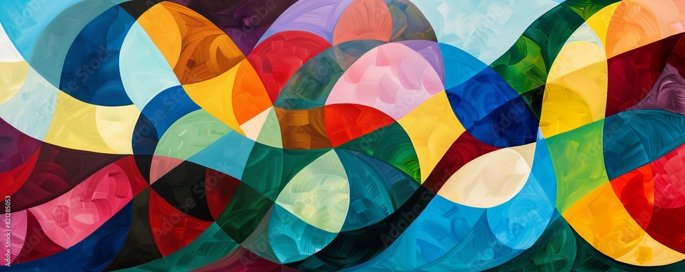 Poster vibrant abstract painting with dynamic shapes and vivid colors, creating a lively and energetic comp