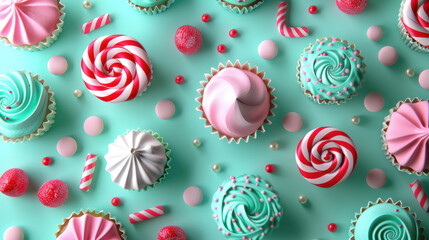playful display of mint-colored cupcakes and candies in a fun party setup