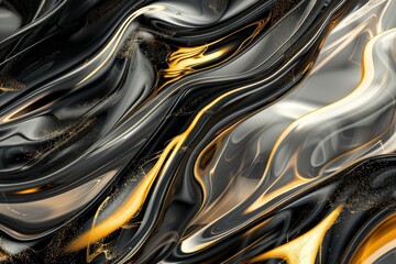 Abstract background with liquid metal texture. Black metallic backdrop with golden inclusion