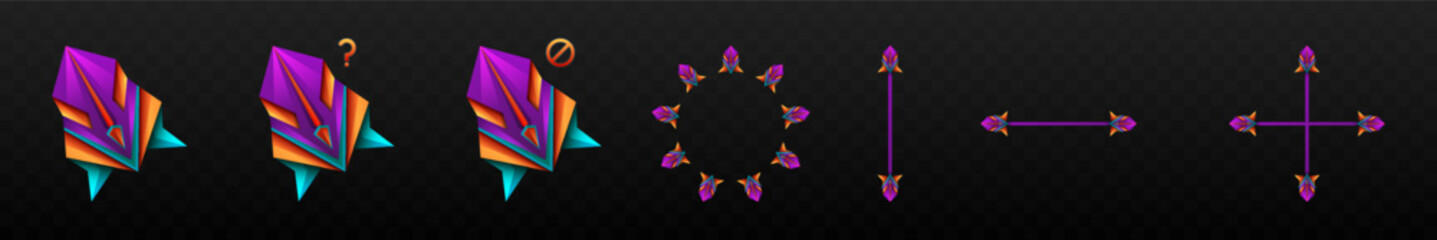 Fantasy Style Custom Gaming Mouse Cursor Icons Set with a Purple, Orange, and Blue Colour Theme for Game UI Designs