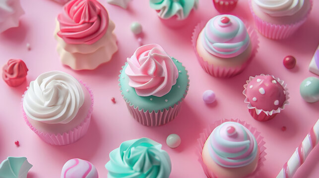 assortment of cute pastel cupcakes and candies on pink background with party decorations