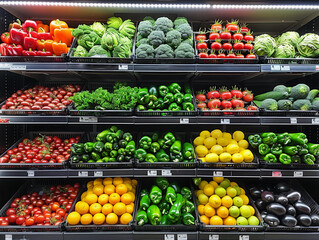 Fresh Vegetables Organized on Shelves