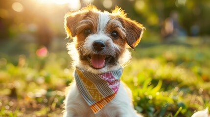 Happy Puppy Wearing a Rainbow Bandana in a Sunny Park, Embracing LGBT Pride and Love, with a Playful and Cute Dog Enjoying a Beautiful Outdoor Day