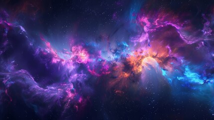 Vibrant cosmic nebula with colorful interstellar clouds in deep space, showcasing a mesmerizing blend of purples, pinks, blues, and oranges.