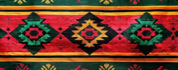 Vibrant, colorful, geometric patterned fabric with intricate designs in red, green, black, and yellow shades. Ideal for textile and fashion themes.
