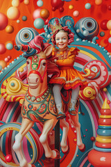 Obraz premium A young girl is riding a horse with a unicorn horn