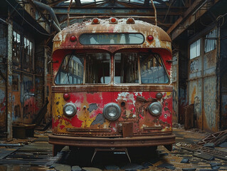 Rusty Red Tram in Decayed Industrial Building