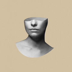 Fine-art, states of mind concept. Abstract and surreal woman portrait illustration collage. Grunge and grain effect. Woman's face without upper head part. Beige background with copy space