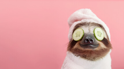 cute sloth wearing white towel and cucumber on eyes doing spa treatment, pink background with copy space , banner for beauty salon concept, pet fashion design studio,wellness, relaxation and self-care