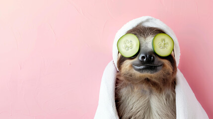 cute sloth wearing white towel and cucumber on eyes doing spa treatment, pink background with copy space , banner for beauty salon concept, pet fashion design studio,wellness, relaxation and self-care