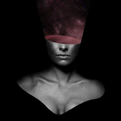 Fine-art, states of mind concept. Abstract and surreal woman illustration collage. Purple cosmic space with stars and galaxies floating from head over eyes in black background