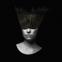 Fine-art, states of mind concept. Abstract and surreal woman illustration collage. Grunge and grain effect. Spiky and wavy surreal hair imitation over model eyes on black background
