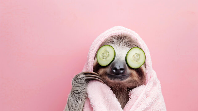 cute sloth wearing white towel and cucumber on eyes doing spa treatment, pink background with copy space , banner for beauty salon concept, pet fashion design studio,wellness, relaxation and self-care