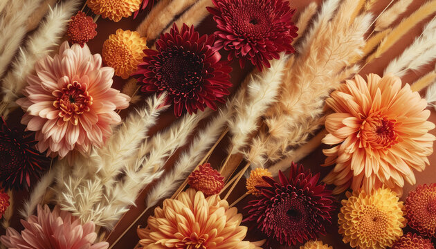 autumnal display of orange and burgundy chrysanthemums with soft feathers