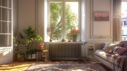 A metal radiator brings warmth to a home interior, regulating temperature through a central heating system. 