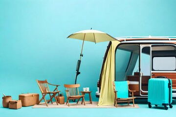 Camping in jeep, chairs and umbrella on sky blue background.