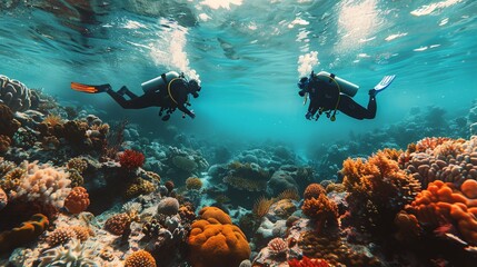 Two Scuba Divers Swimming Over a Coral Reef