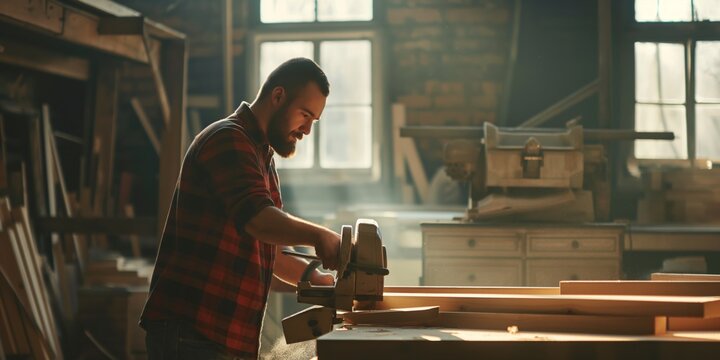 A person is sawing wood in a workshop with dust particles in the air, suggesting craftsmanship