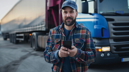 Confident young truck driver holding a smartphone in front of his semitruck with a beautiful sunset backdrop