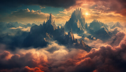 a mountain range with many trees, mountains and clouds at sunset