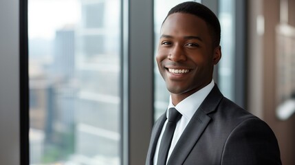 Fototapeta premium Professional African American Businessman in Office with City Skyline View - Corporate Profile for Business, Marketing, and Networking