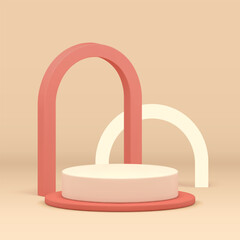 Cylinder 3d podium pedestal neutral showcase with arch wall background realistic vector