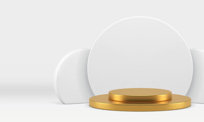 3d golden podium pedestal with white round wall background realistic vector illustration