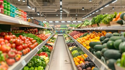 Obraz premium Wide view of a vibrant grocery store produce aisle with assorted fresh fruits and vegetables on display.