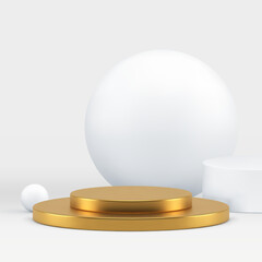 Luxury 3d golden cylinder podium pedestal with white sphere background realistic vector