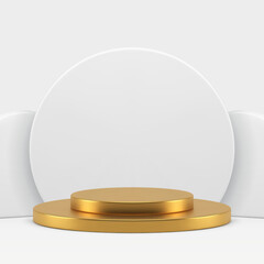 Cylinder golden 3d podium pedestal with white round wall background showcase realistic vector
