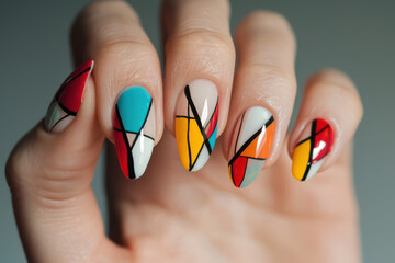  artistic nail design with colorful abstract patterns on female hands