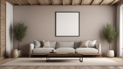 blank mock up frame in modern interior background, Mocha wooden living room
