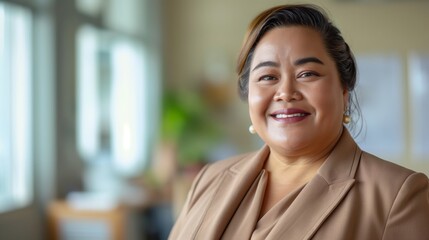 Confident Professional Woman in Business Attire Smiling in a Bright Office Setting