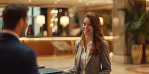 A professional female receptionist welcomes a male business visitor at a hotel lobby with a warm smile