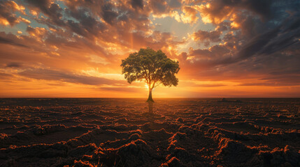 A single tree stands tall in a desolate field as the sun sets in a beautiful display of color and light, poster