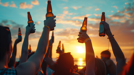 A diverse group of friends holding beer bottles up, celebrating and enjoying a beautiful beach sunset together